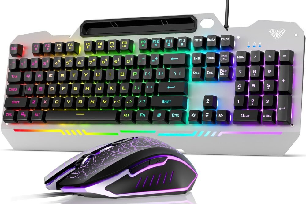 AULA T102 Gaming Keyboard and Mouse Combo | RGB Backlit Membrane Keyboard and Gaming Mouse | Wired Gaming Keyboard Set for Windows PC Gamers (Grey Panel | Black Keycaps)